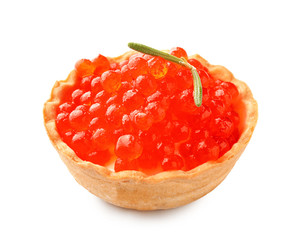 Delicious canape with red caviar on white background