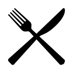 Fork and butter knife eating utensils in crossed position flat vector icon for apps and websites - obrazy, fototapety, plakaty