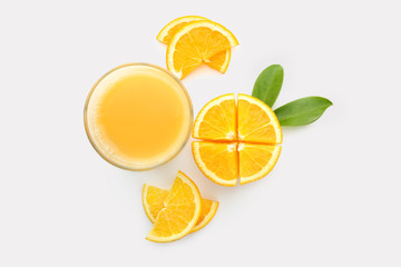 Glass of orange juice and fresh fruit on white background