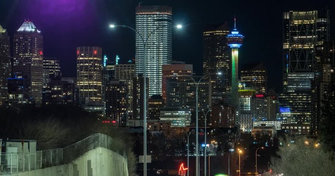 Time-Lapse of Calgary Skyline from Macleod Trail at night