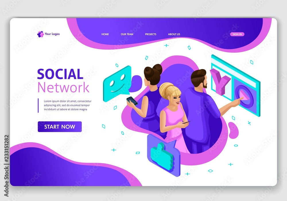 Poster website isometric landing page concept people in social network. teenagers communicate in a new soci