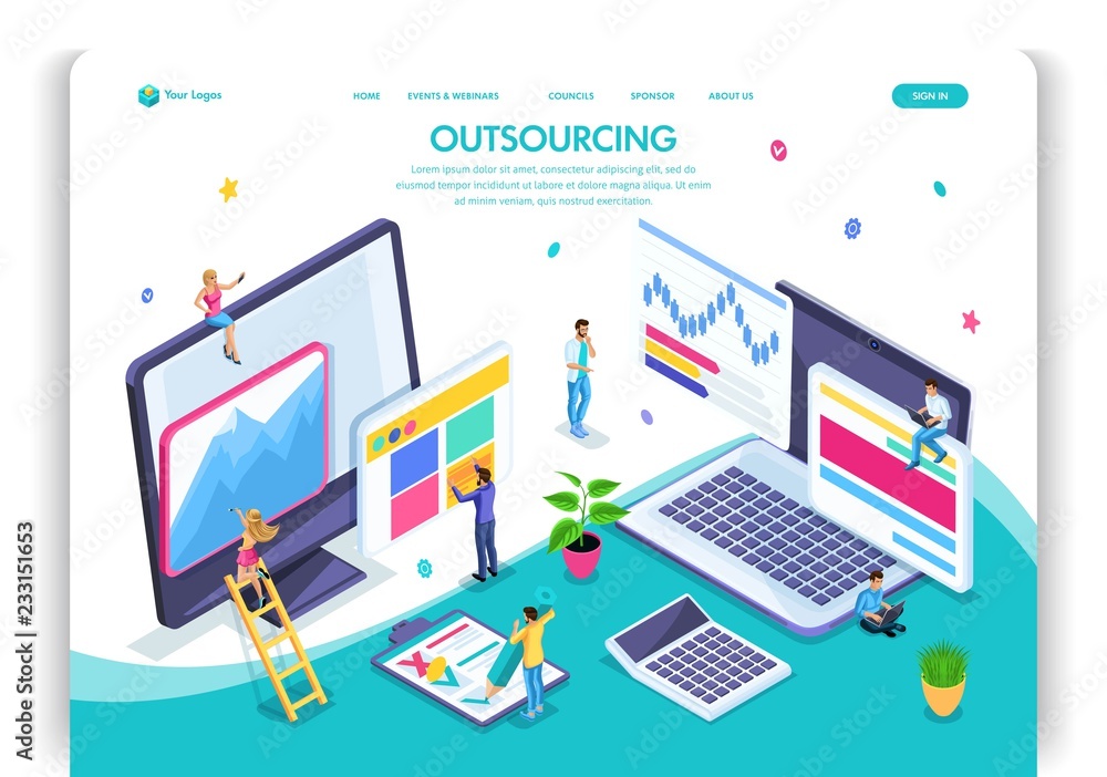Poster website template design. isometric concept outsourcing. hiring a remote employee, designer, programm