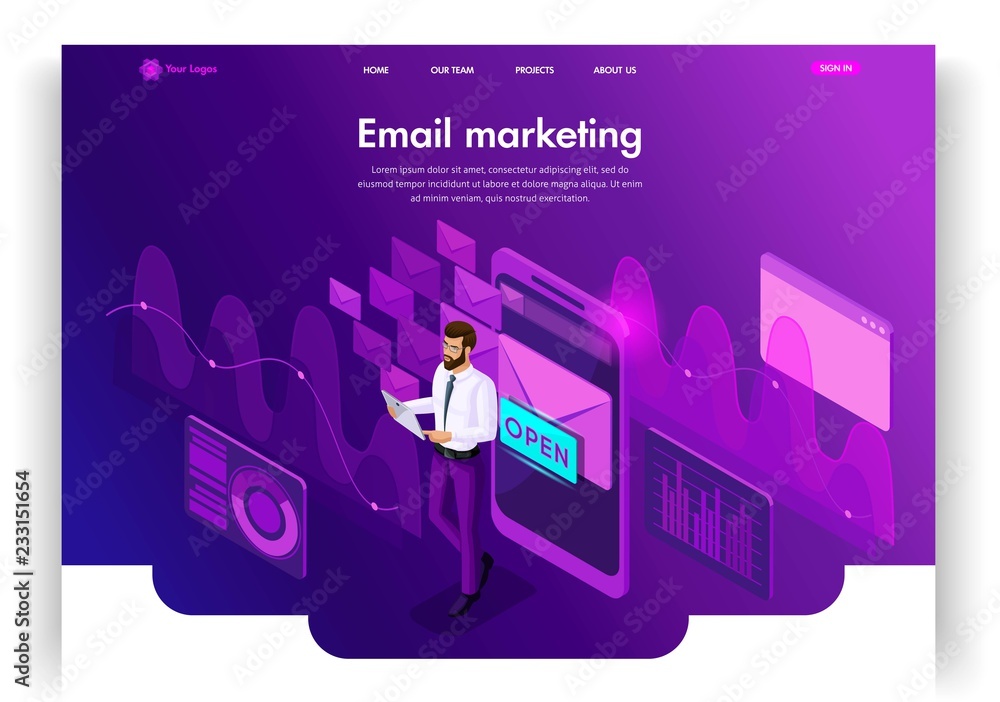 Poster website template design. isometric concept email inbox electronic communication. e-mail marketing, m