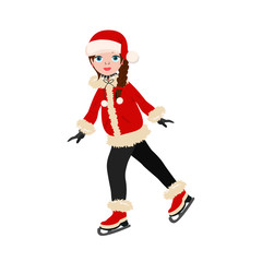 Christmas icon. Ice skating girl with Santa Claus hat, isolated on white background.