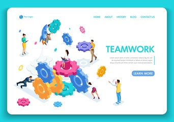 Business website template design. Isometric concept work of businessmen, teamwork, brainstorming. Easy to edit and customize