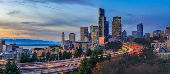 Seattle downtown skyline panorama at sunset from Dr. Jose Rizal or 12th Avenue South Bridge with...