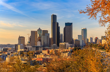 Seattle downtown skyline sunset view in the fall from Dr. Jose Rizal Park