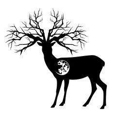 deer with tree branches antlers and moon - wild forest spirit black and white vector silhouette design