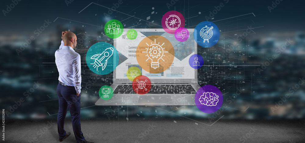 Aufkleber businessman in front of a cloud of colorfull start up icon bubble with a laptop 3d rendering
