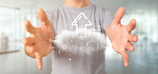Businessman holding a Binary cloud with upload internet arrow 3d rendering