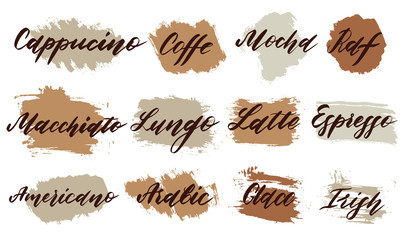 Coffee to go. Coffe types and recipe.Lettering types coffe drinks. Isolated line icons. Handwritten cafe menu.
