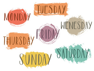 Handwritten days of the week monday, tuesday, wednesday, thursday, friday, saturday, sunday calligraphy.Lettering typography.