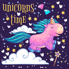 Little pink pony unicorn in the clouds and on dark blue background. Cartoon character. It can be used for sticker, patch, phone case, poster, t-shirt, mug and other design.