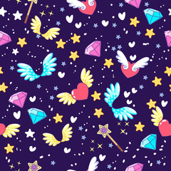 Seamless pattern with decor elements diamonds, hearts, magic and wings.Seamless pattern. It can be used for sticker, patch, phone case, poster, t-shirt, mug and other design.