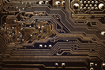 Golden circuit board. Electronic computer hardware technology. Motherboard digital chip. Tech...