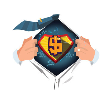 man open shirt to showing "$" or money icon in cartoon style. money power concept - vector