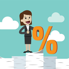 Businesswoman and percent sign. Vector, illustration, flat