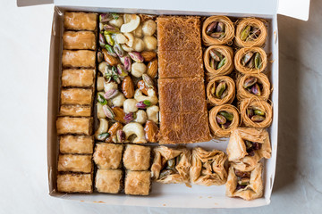 Variety of Turkish Baklava in Box / Package. Assortment of Traditional Dessert.