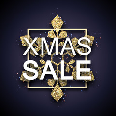 Christmas xmas sale promotion poster with gold shiny snowflake.