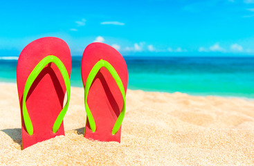 Fototapeta na wymiar Beach sandals on the sandy coast. Summer holiday and vacation concept.