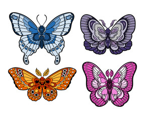 Stylised colorful butterflies isolated on white background. Moth collection. Vector illustration