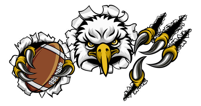An eagle bird American football sports mascot cartoon character ripping through the background holding a ball