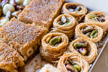 Variety of Turkish Baklava in Box / Package. Assortment of Traditional Dessert.