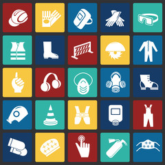 Industrial safety signs set on color squares background icons
