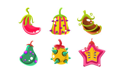 Colorful fantasy glossy fruits and vegetables set, user interface assets for mobile apps or video games vector Illustration on a white background