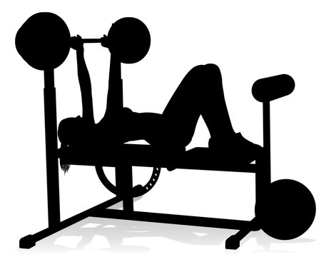 recommend clip art: A woman in silhouette using weights bench and barbell fitness exercise gym equipment 