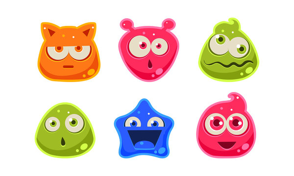 Cute funny colorful jelly characters set, user interface assets for mobile apps or video games vector Illustration on a white background