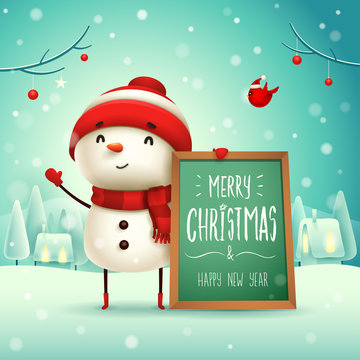 Merry Christmas! Cheerful snowman with message board in Christmas snow scene winter landscape.