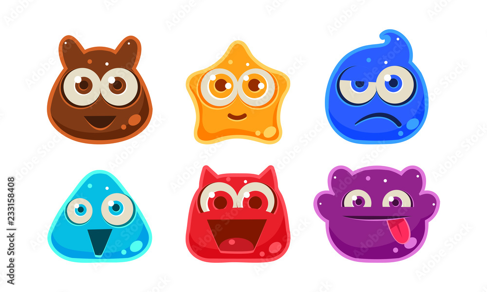 Poster Cute funny colorful jelly monsters set, user interface assets for mobile apps or video games vector Illustration on a white background