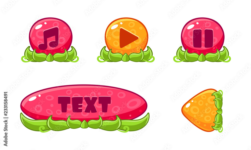 Poster cute colorful glossy jelly buttons with nature elements set, user interface assets for mobile apps o