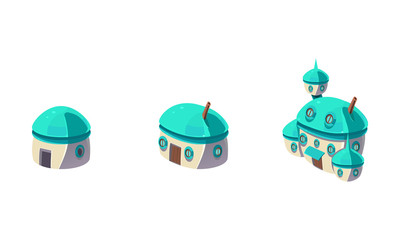 Cute little fantasy house and caastle set, fabulous city, town, village design elements for computer game Interface vector Illustration on a white background