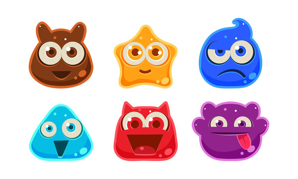 Cute funny colorful jelly monsters set, user interface assets for mobile apps or video games vector Illustration on a white background