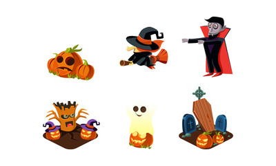 Halloween related objects and creatures set, zombie, scary pumpkin, witch on broomstick, ghost, cemetery, user interface assets for mobile apps or video games vector Illustration