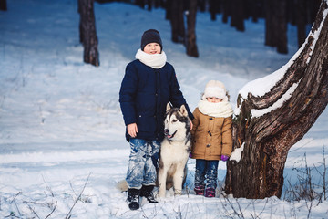 Cheerful little boy and girl are standing with their big dog in the winter near a crooked tree in...