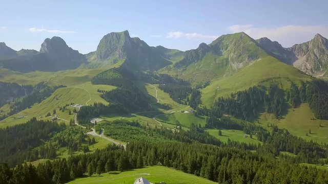 Aerial of Gurnigel and rural mountain cultivation agriculture