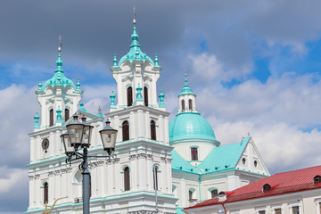 Azure and red roofs of the city, Cathedral of St. Francis Xavier in Grodno, Belarus