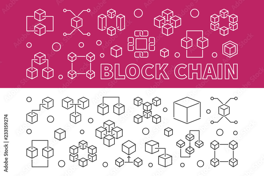 Poster set of two block chain concept banners in thin line style. vector illustration