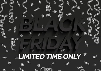 Black friday big sale, shopping vector banner. Black and white balloon and silver streamer, sparkles, tinsel.