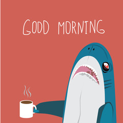 Good morning. Funny shalk with cups of coffee glasses, vector illustration.