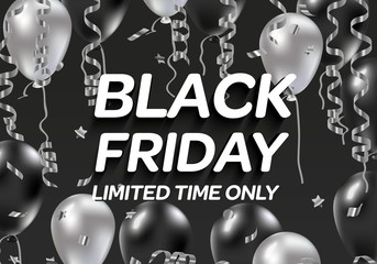 Black friday big sale, shopping vector banner. Black and white balloon and silver streamer, sparkles, tinsel.