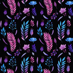 Seamless watercolor pattern of flowers and branches.Floral pattern on a black background.
