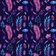 Seamless watercolor pattern of flowers and branches.Floral pattern on dark blue background.
