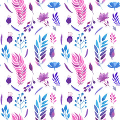 Seamless watercolor pattern of flowers and branches.Цветочный узор на белом фоне.