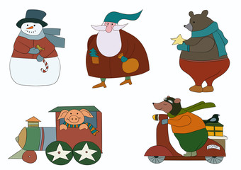A set of winter characters for the 2022 new year. The set includes a pig in the train, Santa Claus, bears and a snowman	