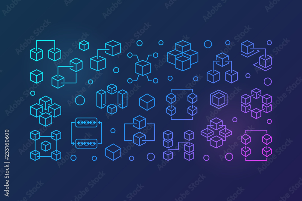 Poster vector blockchain bright horizontal illustration or banner in thin line style on dark background