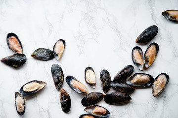 Top view with frozen mussels on white marble background with copy space